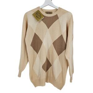 Peter Scott Men's Sweater Cream Argyle Lambswool Long Sleeve Pullover NWT Size M